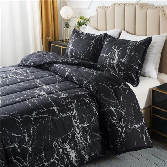 Black Marble Comforter Set Full Size, 3 Pieces Modern Pattern Soft Microfiber - Picture 4 of 8